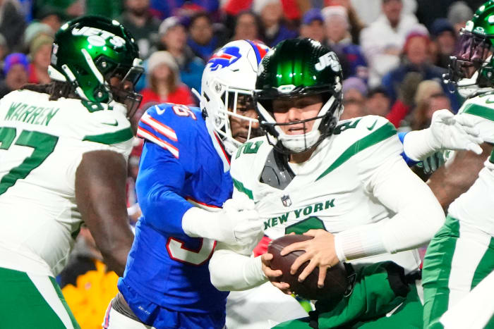 Buffalo Bills defensive end Leonard Floyd sacks New York Jets quarterback Zach Wilson during the first half at Highmark Stadium.